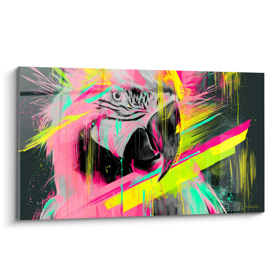 Perroquet au bec ouvert traversé de rose fluo et jaune citron sur fond anthracite intense