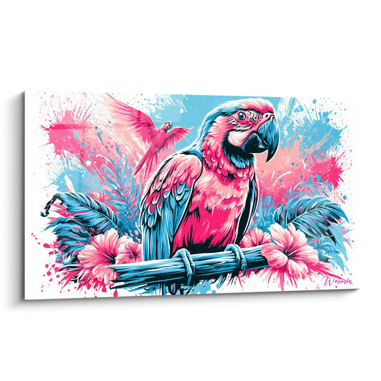 Perroquet rose fuchsia et bleu turquoise perché, style graphique éclaboussé sur fond blanc