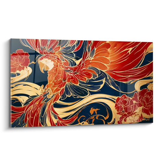 Perroquet rouge et orangé aux plumes déployées sur fond bleu marine, pivoines dorées entrelacées