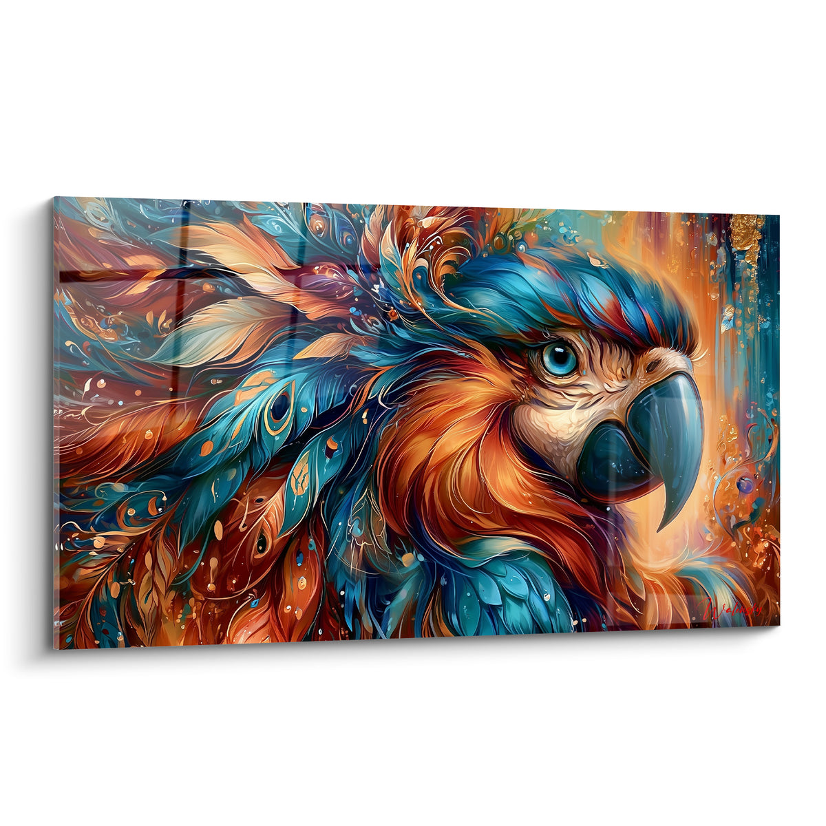 Perroquet stylisé au regard bleu, plumage turquoise et roux, œuvre picturale graphique et flamboyante