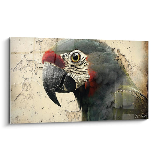 Un tableau perruche représentant un ara gris et rouge en gros plan, avec un œil jaune perçant et un bec noir courbé. Plumage finement détaillé aux textures variées sur fond beige craquelé, créant un contraste saisissant.

