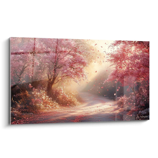 Un tableau forêt représentant un chemin bordé de cerisiers en fleurs aux teintes roses, baigné par une lumière dorée matinale qui filtre à travers les branches, créant une atmosphère féerique où des pétales virevoltent dans l'air.
