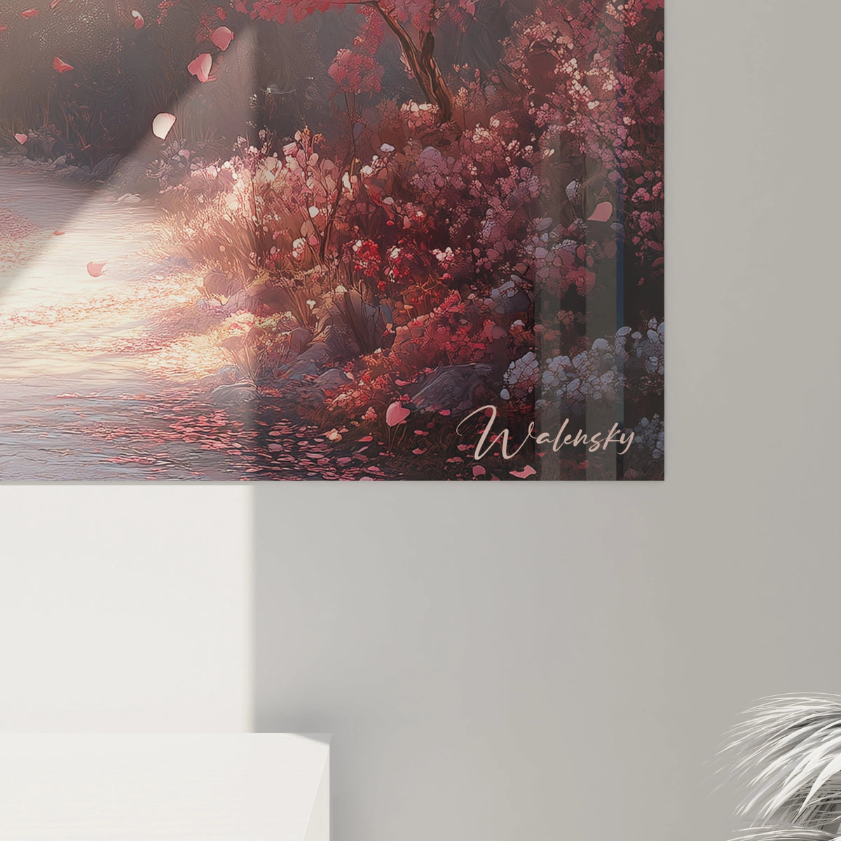 Un tableau forêt onirique illustrant un passage bordé d'arbres en fleurs roses, où la brume matinale et les rayons du soleil se mélangent pour créer une ambiance éthérée, avec des détails minutieux au premier plan qui se fondent progressivement dans une lumière diffuse.
