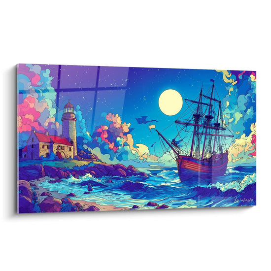 Tableau mural phare et navire style bande dessinée avec lune pleine et océan nocturne aux couleurs vibrantes