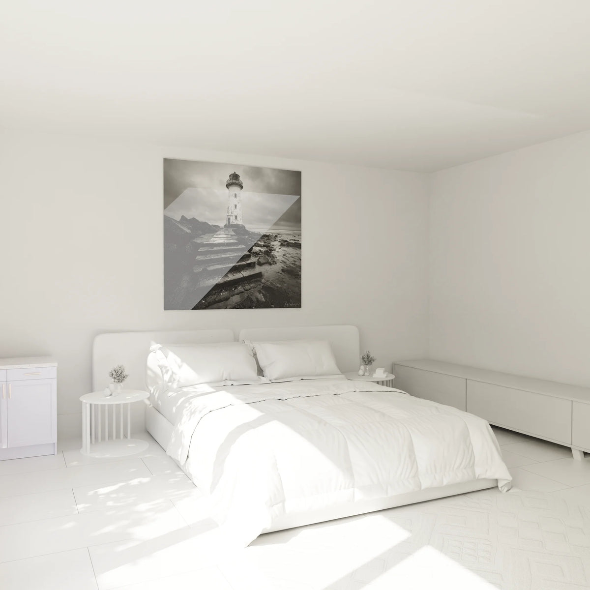 Tableau phare maritime noir blanc décorant chambre moderne, ambiance côtière apaisante