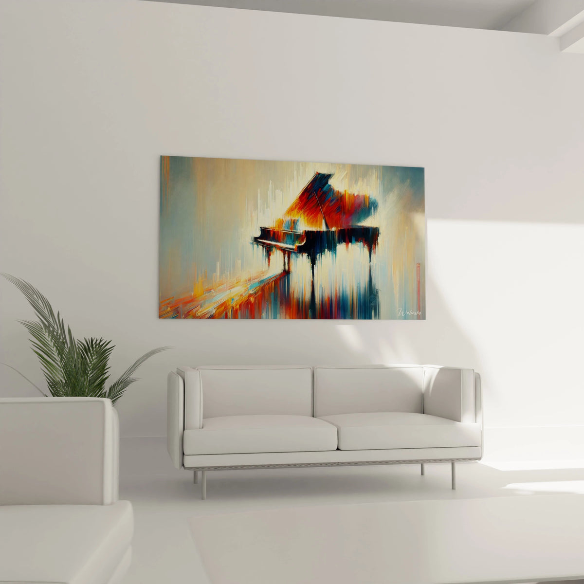 Ce tableau "Piano Rêveur" illuminant le salon. Les couleurs vibrantes et le jeu d'ombres créent une présence musicale unique, apportant de la profondeur à l'espace.

