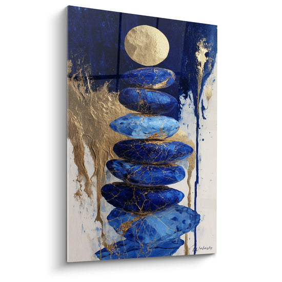Tableau pierres bleues empilées lune dorée fond bleu abstrait feng shui nord eau art contemporain zen