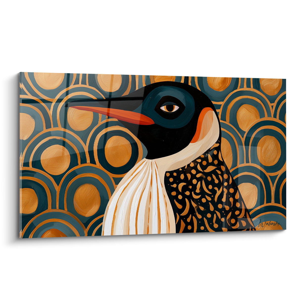 Pingouin de profil au bec orange sur fond bleu canard et cercles dorés, tableau Art déco.
