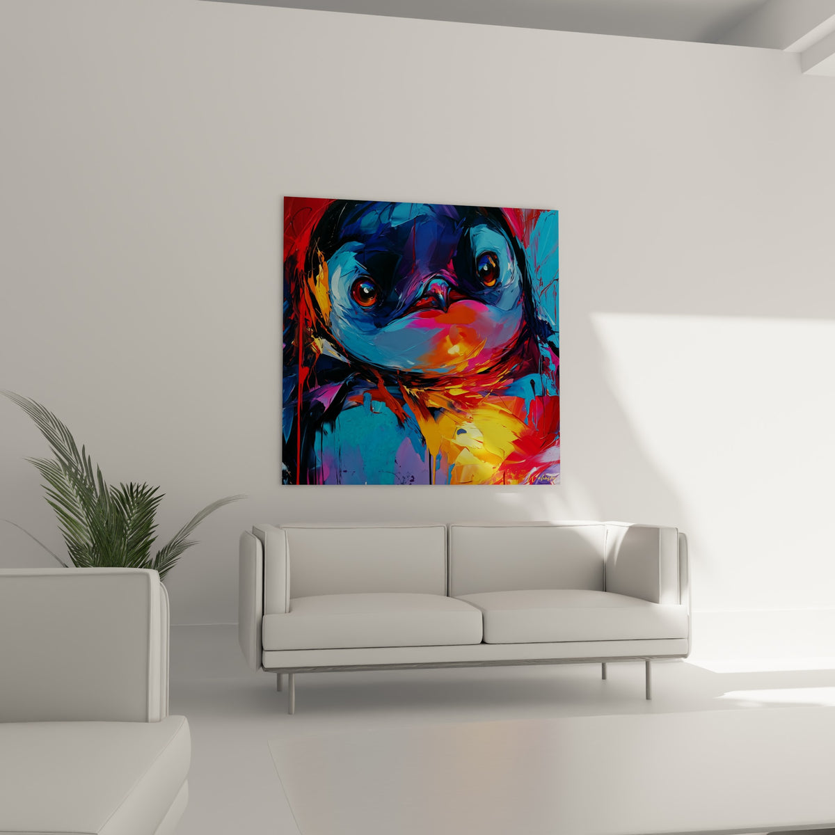 Portrait expressif d'un pingouin bleu marine au bec orangé, suspendu au-dessus d'un canapé dans un salon lumineux