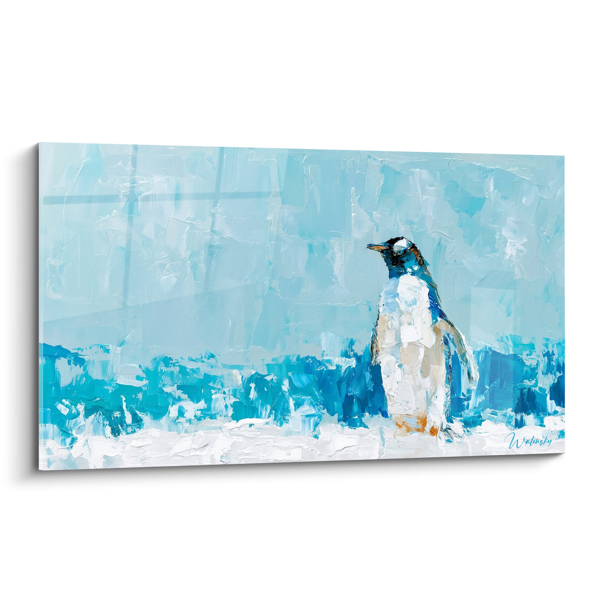 Pingouin blanc et bleu turquoise debout sur une banquise peinte au couteau, style texturé