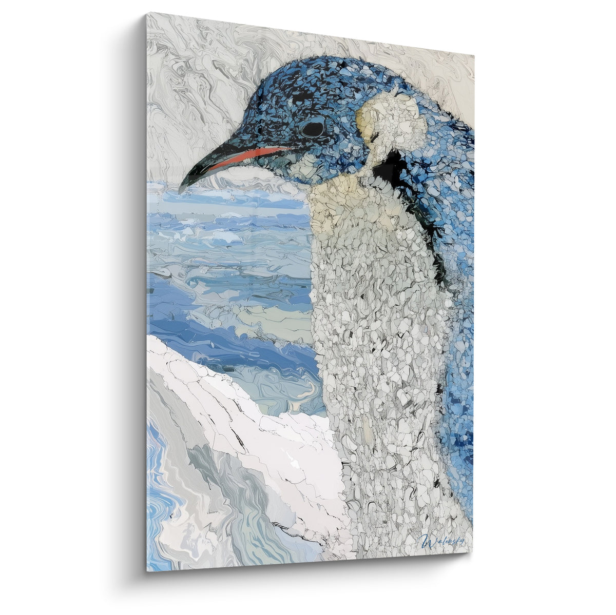 Pingouin bleu marine et blanc cassé au bec orangé, texture granuleuse sur fond de banquise