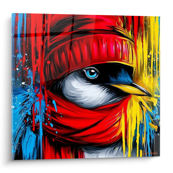Pingouin coiffé d'un bonnet rouge et d'une écharpe, œil bleu vif, fond jaune et turquoise éclaboussé
