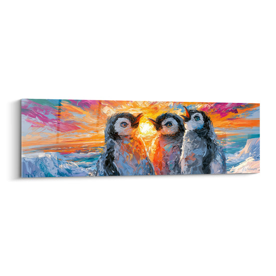 Trois pingouins gris et blancs contemplent un soleil orangé, ciel rose et turquoise peint au couteau