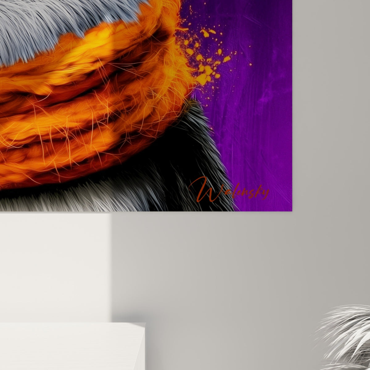 Détail des mailles violettes du bonnet et fibres orangées de l'écharpe, empâtements et grain visibles sur la toile