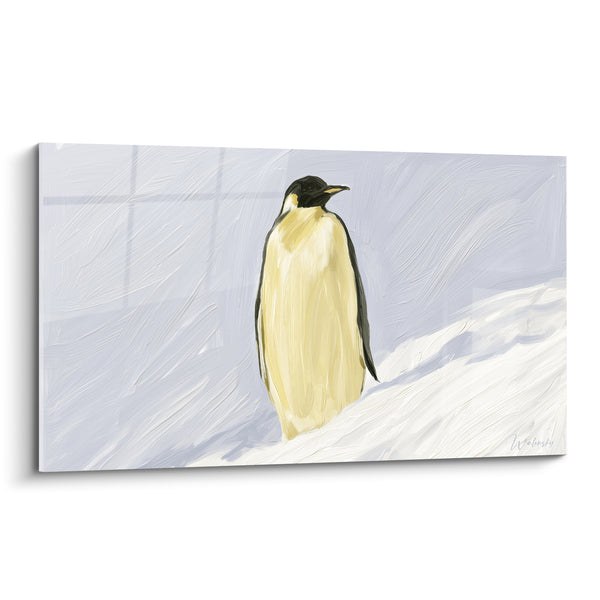 Tableau Manchot jaune pâle et noir sur pente enneigée - Contemplation face au vent - Edition Pingouin