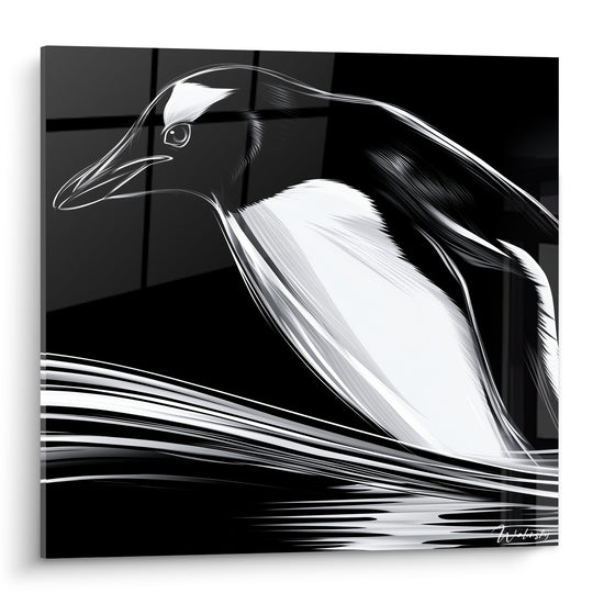 Pingouin noir et blanc aux lignes fluides, tracé graphique sur fond anthracite intense