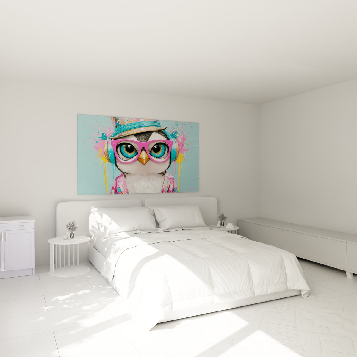 Personnage pingouin coloré en rose et turquoise accroché au-dessus d'un lit dans une chambre claire