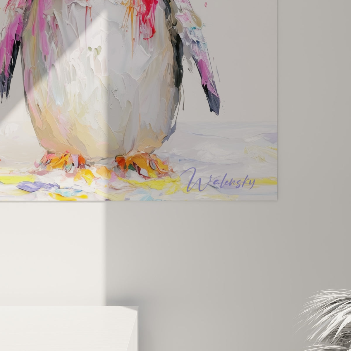 Empâtements épais de peinture jaune et rose formant le bonnet d'un pingouin, matière texturée et coulures visibles