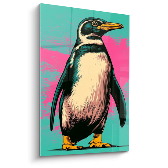 Tableau Pingouin turquoise et rose sur fond éclaboussé - Style bande dessinée - Edition Pingouin