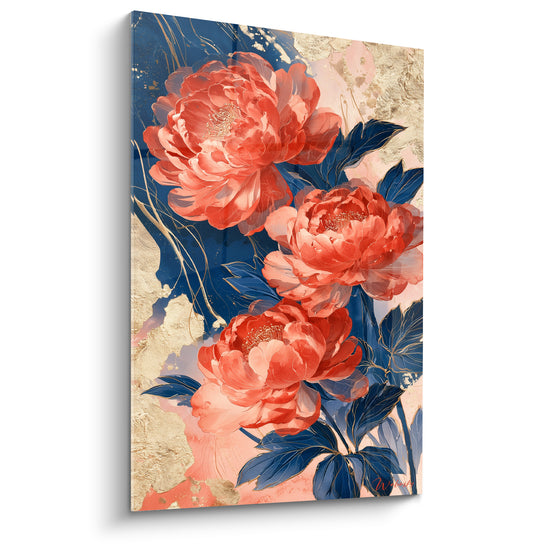 Pivoines corail aux feuilles bleu marine peintes sur fond doré et rosé texturé