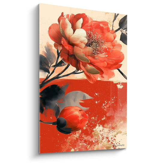 Pivoine corail et blanc aux reflets dorés sur fond crème et rouge éclaboussé intense