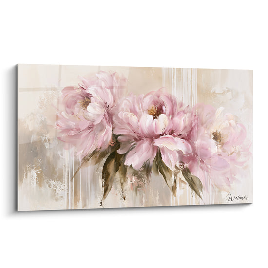 Pivoines roses et blanches aux pétales généreux sur fond beige texturé, style pictural empâté
