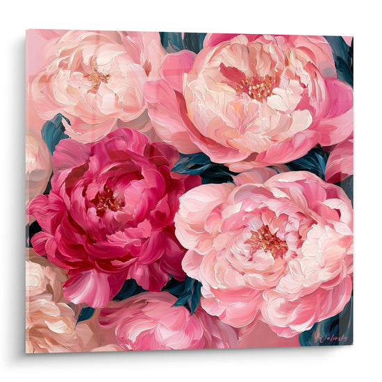 Pivoines rose fuchsia et rose pâle aux pétales veloutés, cœurs dorés, style empâté et lumineux