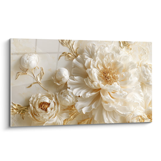 Pivoines ivoire et dorées en relief sculptural sur fond crème texturé, pleine toile