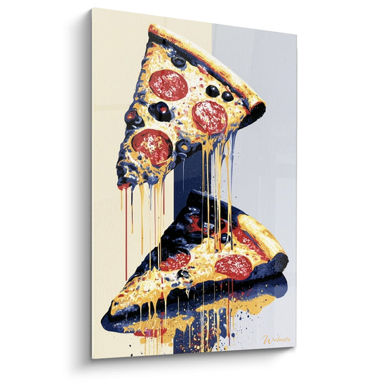Pizza pepperoni dorée aux coulures bleu marine, composition graphique en miroir vertical