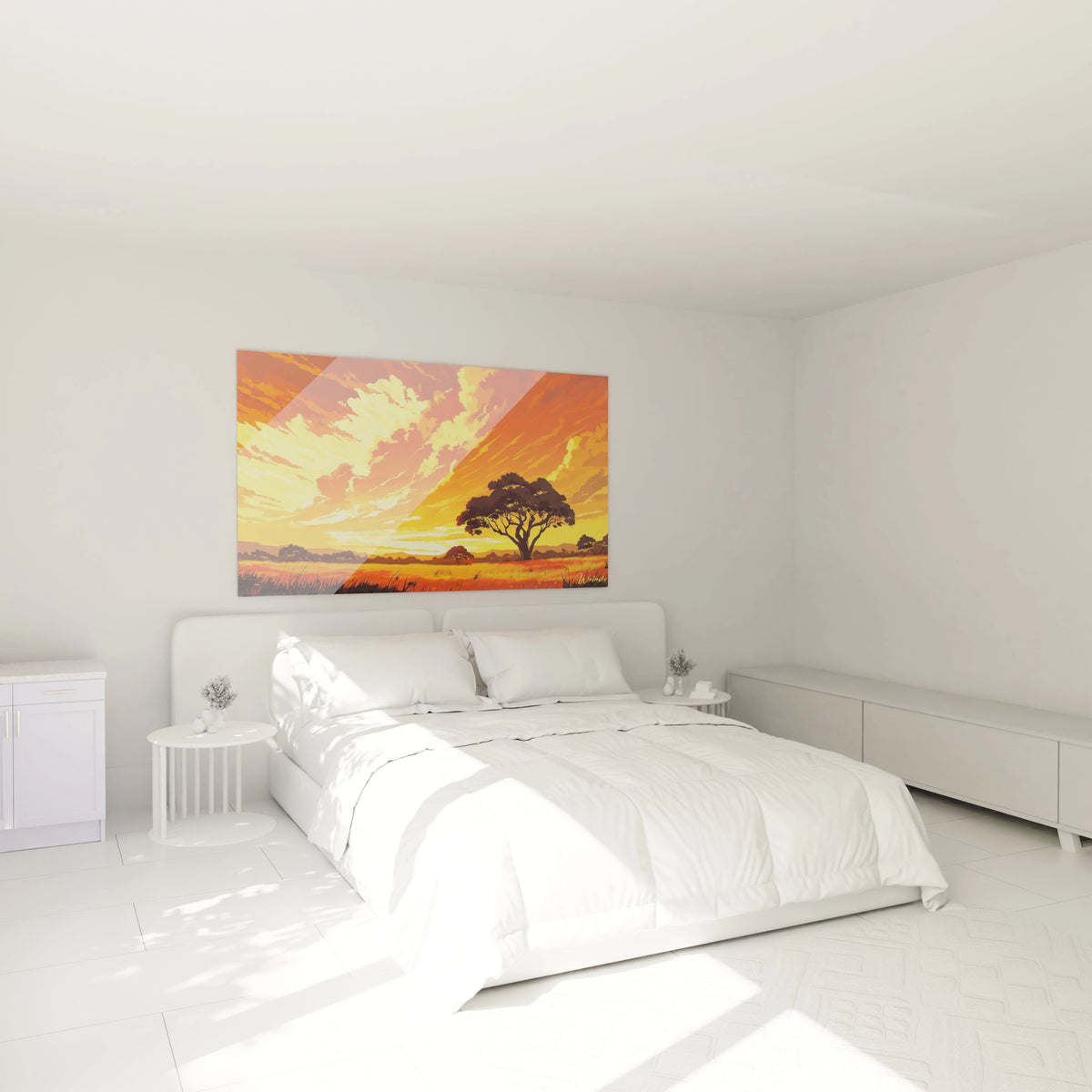 Un tableau savane crépusculaire représentant un arbre solitaire aux branches étalées, entouré d'herbes rougeoyantes, sous un ciel spectaculaire aux dégradés flamboyants d'orange, de jaune et de rouge.
