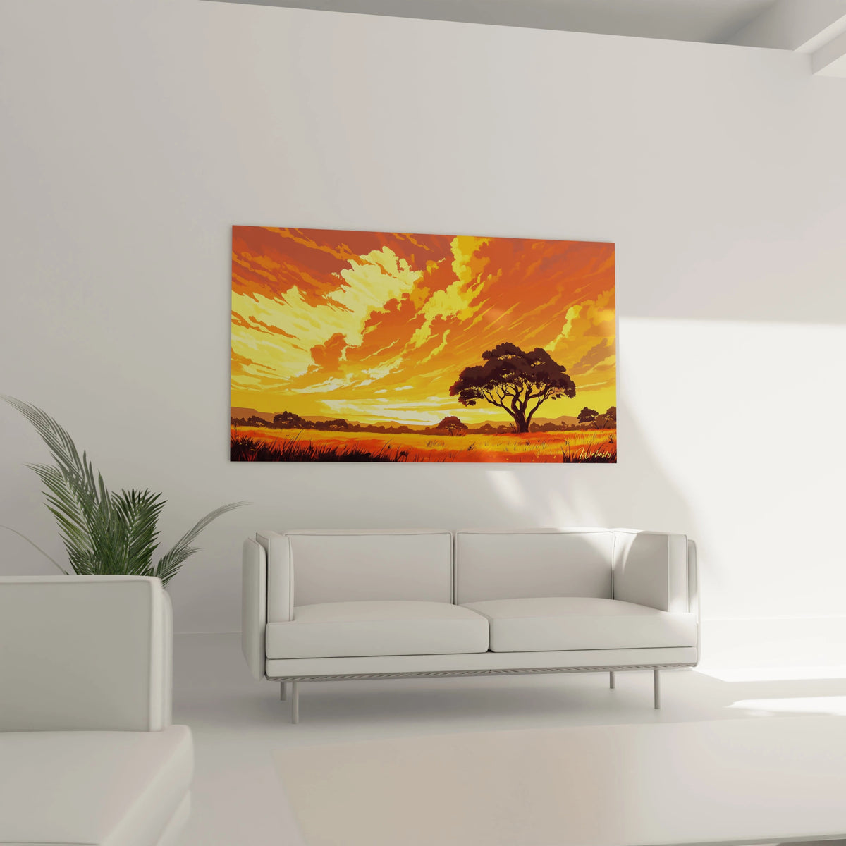Un tableau africain montrant une plaine de savane au sol orangé, avec un acacia majestueux au premier plan, capturant l'instant magique du coucher de soleil avec ses rayons dorés traversant un ciel aux nuages éclatants.
