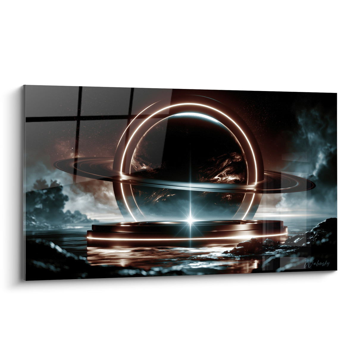 Planète cuivrée aux anneaux dorés flottant sur fond bleu anthracite étoilé et nébuleux