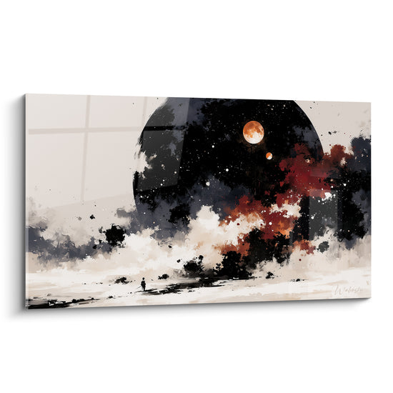 Astre anthracite et silhouette noire se détachent sur des nuages terracotta et un ciel étoilé