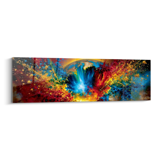 Explosion planétaire rouge et bleu turquoise avec éclats dorés sur toile panoramique abstraite