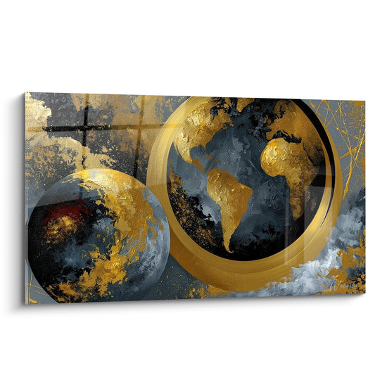Globe terrestre doré et anthracite peint avec continents en relief et anneau métallique brillant