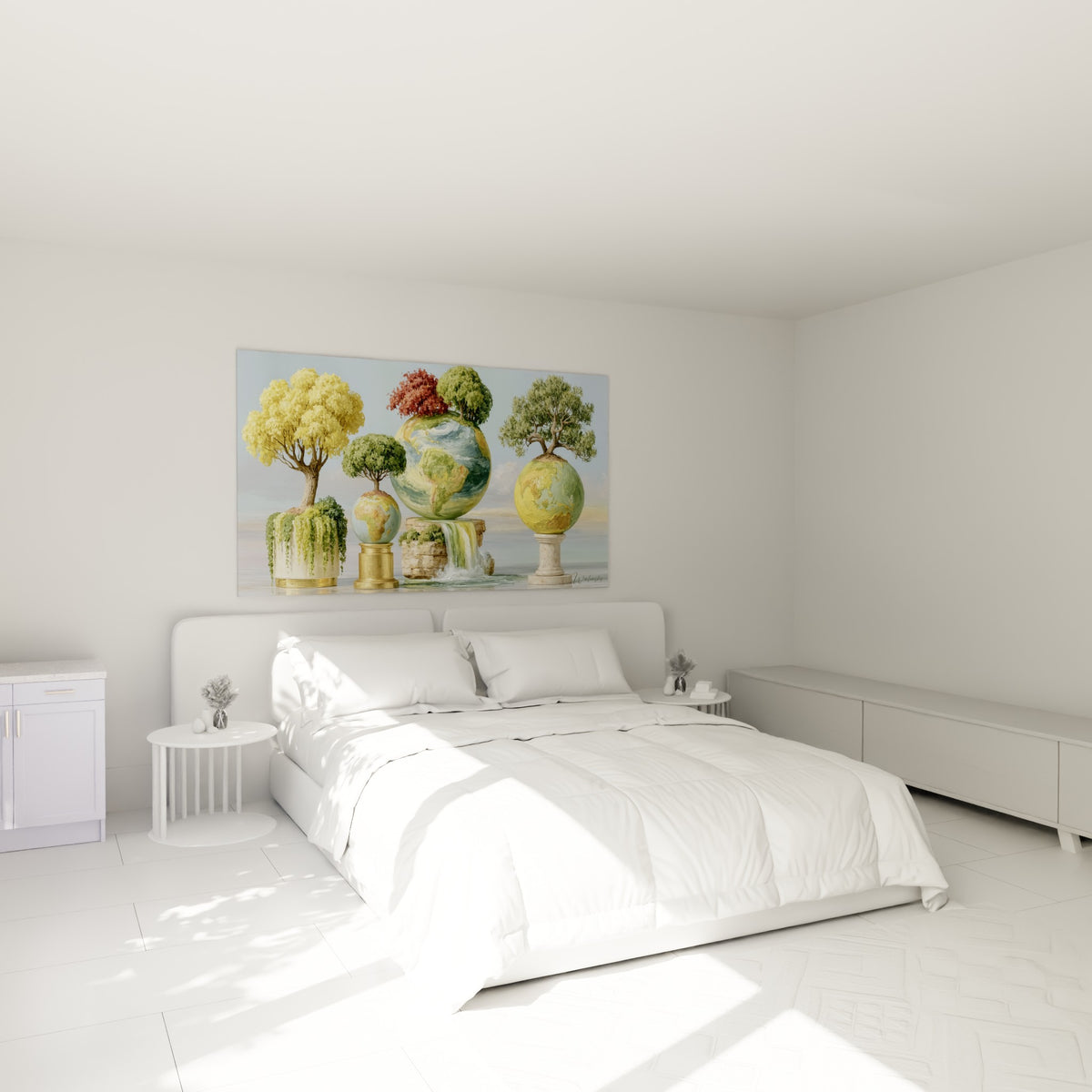 Globes terrestres Planète couronnés d'arbres vert sauge et terracotta, au-dessus d'un lit dans une chambre claire