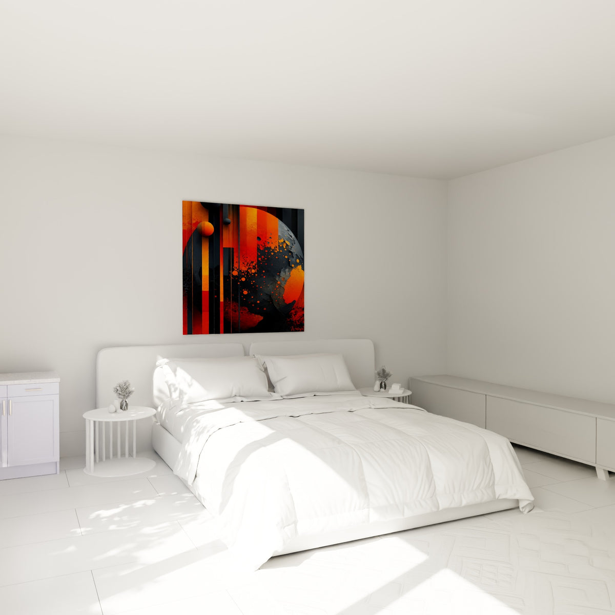 Sphère orange et anthracite aux éclats de lave figurée au-dessus d'un lit dans une chambre claire