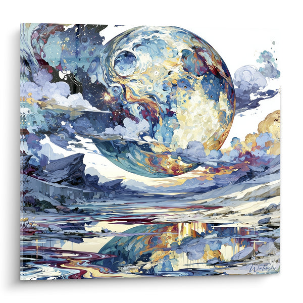 Tableau Planète marbrée bleu et doré au-dessus d'un paysage - Éveil cosmique - Edition Planète