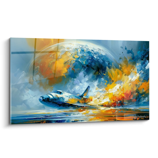 Navette spatiale bleu marine traversant un halo orange et doré, style expressionniste éclatant