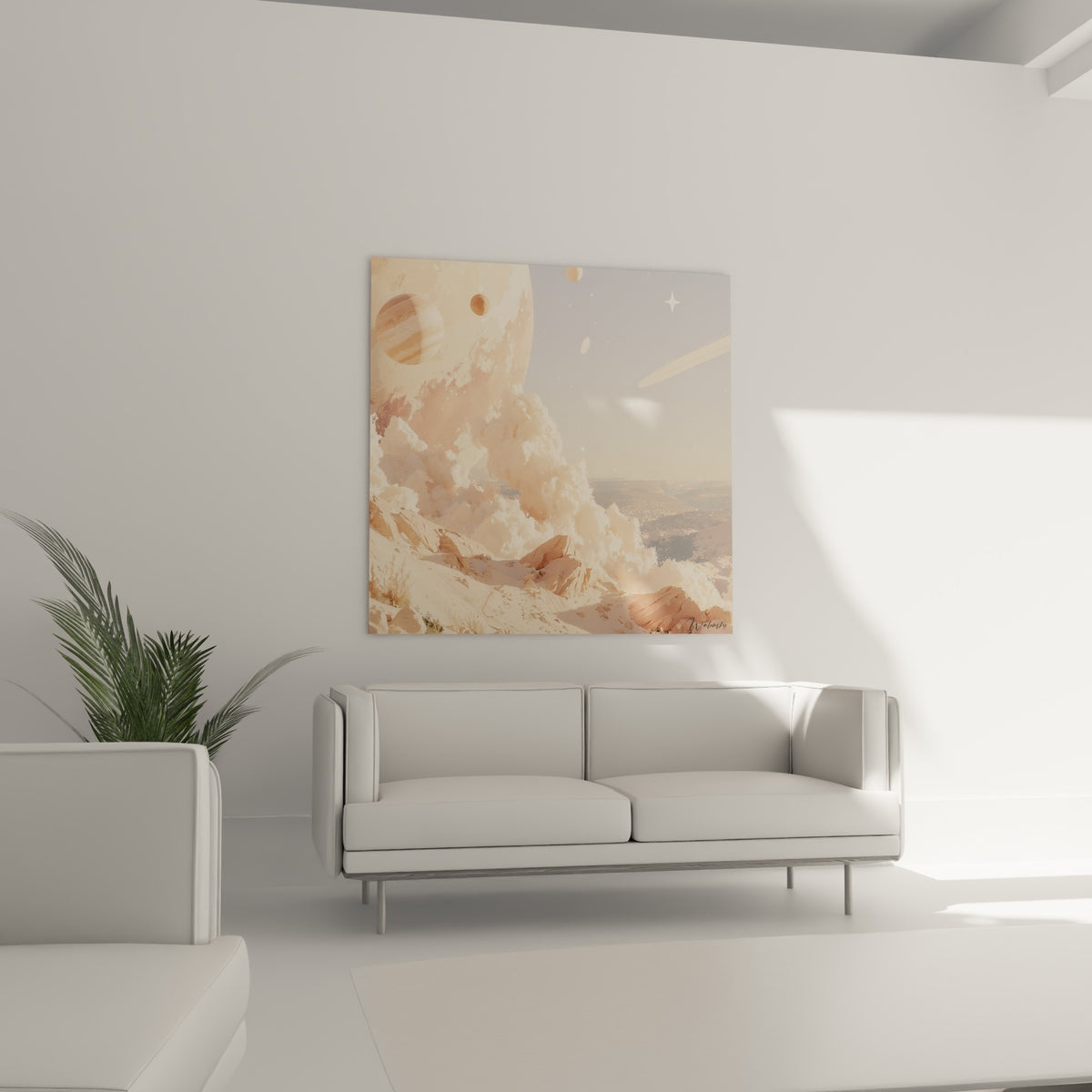 Nuages cotonneux rose et beige entourent des planètes cuivrées, au-dessus d'un canapé dans un salon lumineux
