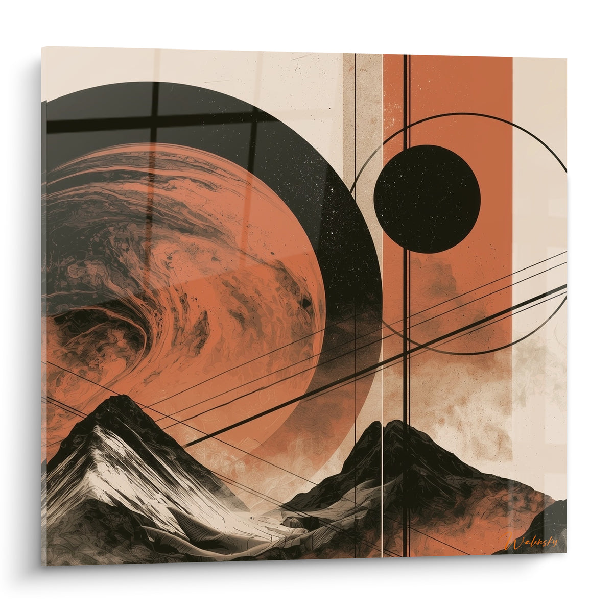 Sphère planète terracotta et anthracite au-dessus de montagnes enneigées, style graphique cosmique