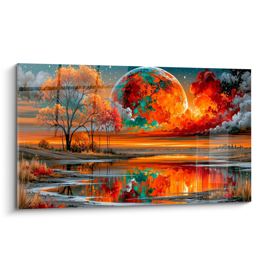 Tableau Planète géante orange et turquoise au-dessus d'un marais - Apparition céleste - Edition Planète