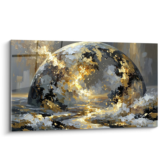Sphère dorée et anthracite fissurée, éclats de lumière blanche jaillissant du tableau Planète