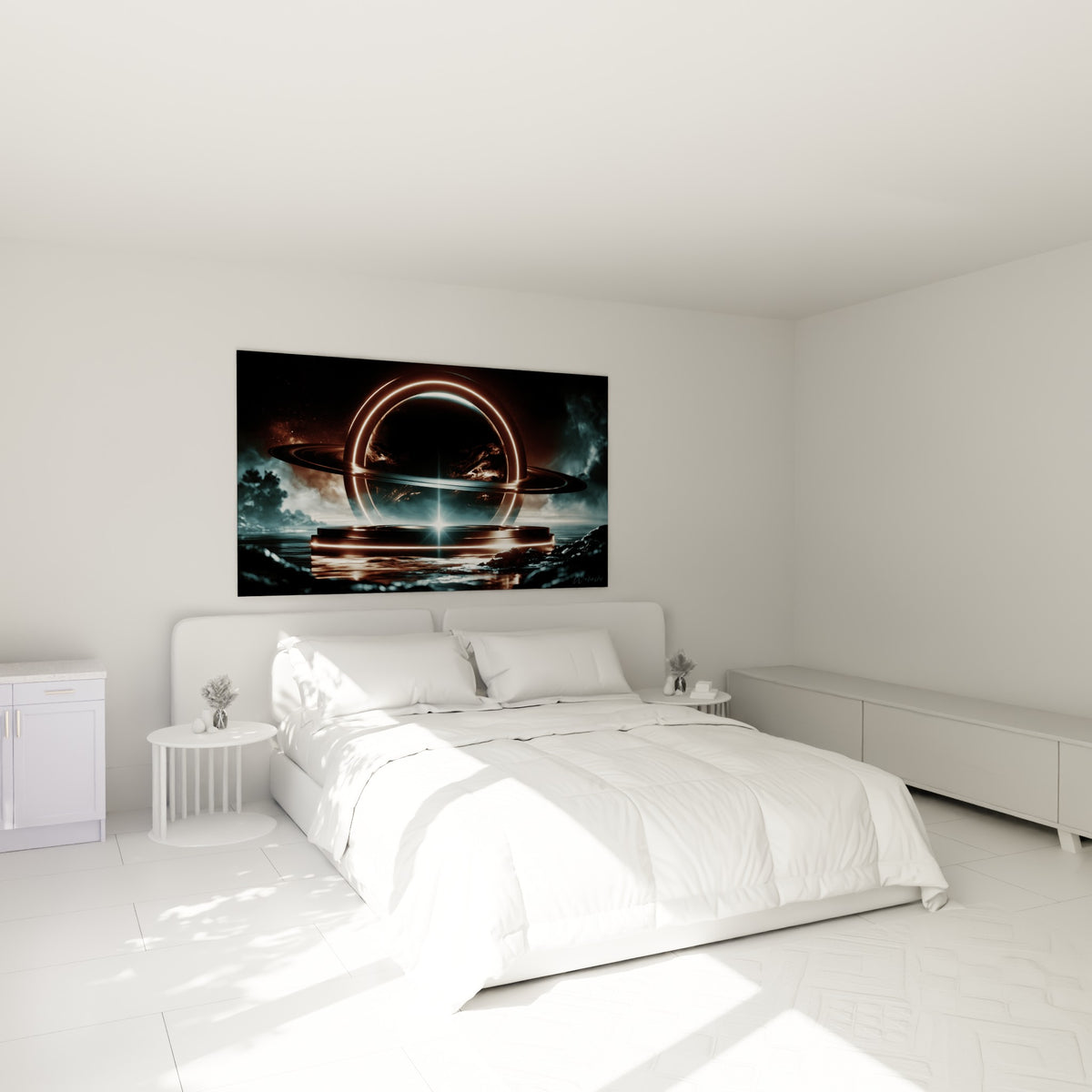 Sphère céleste cuivrée et bleu marine surplombant un lit dans une chambre claire et apaisante