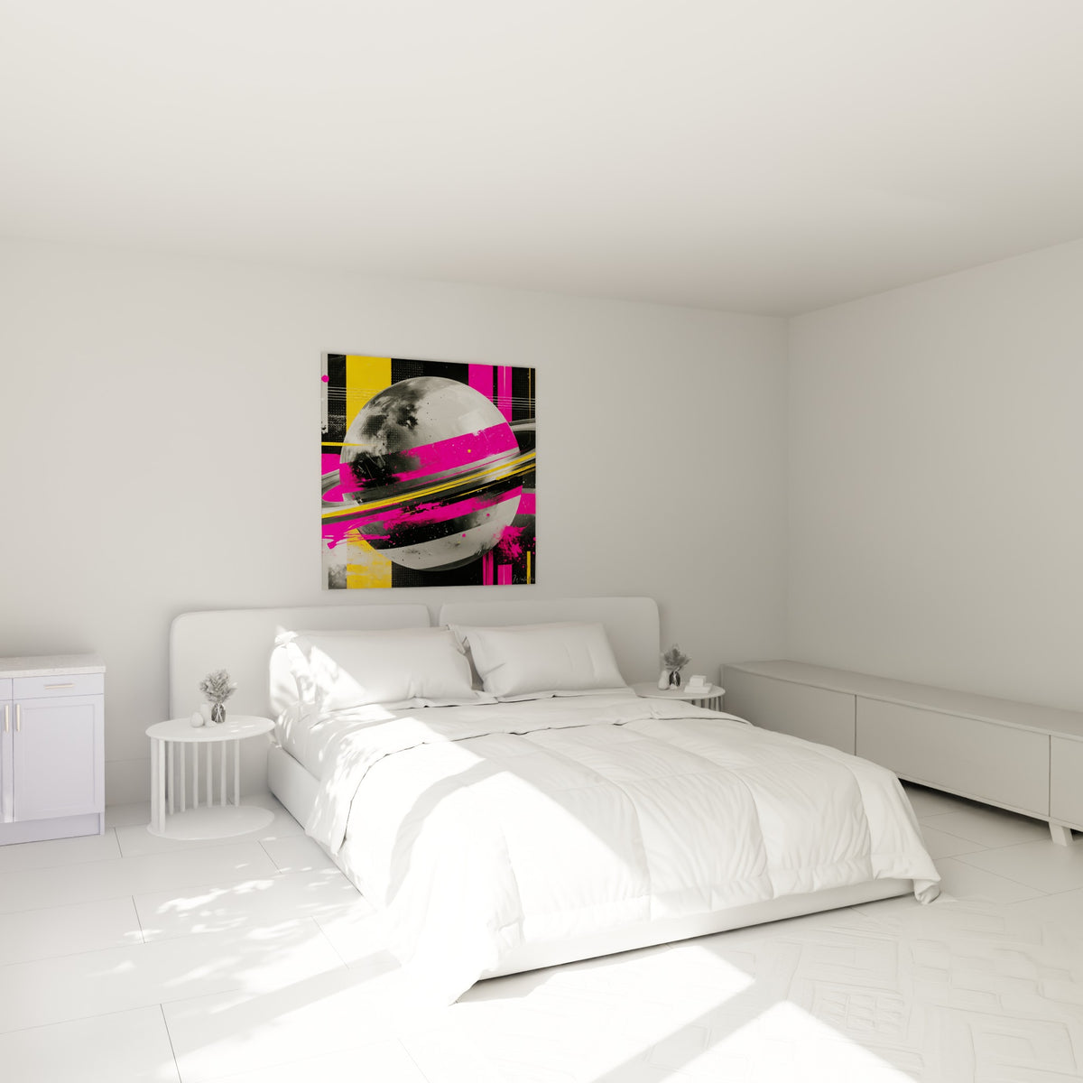 Sphère lunaire striée de fuchsia et jaune moutarde accrochée au-dessus d'un lit dans une chambre claire