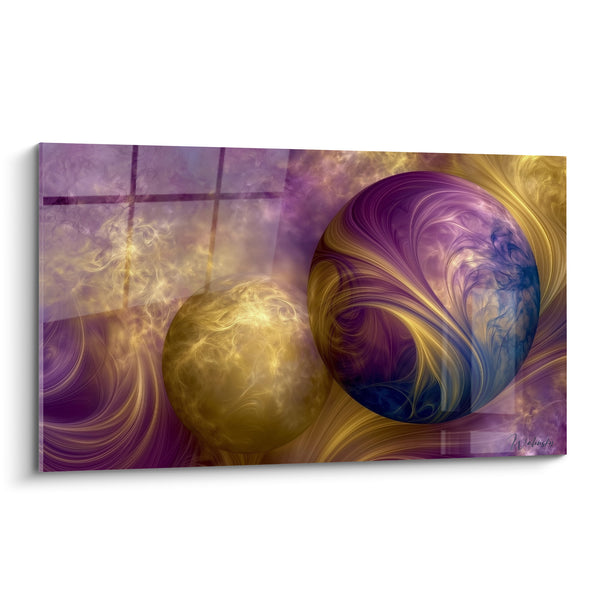 Tableau Sphères jumelles violettes et dorées aux volutes filamenteuses - Duo de globes - Edition Planète