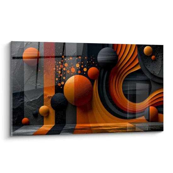 Sphères orange et anthracite flottant dans un décor sculpté, tableau planète aux courbes ondulantes cosmiques