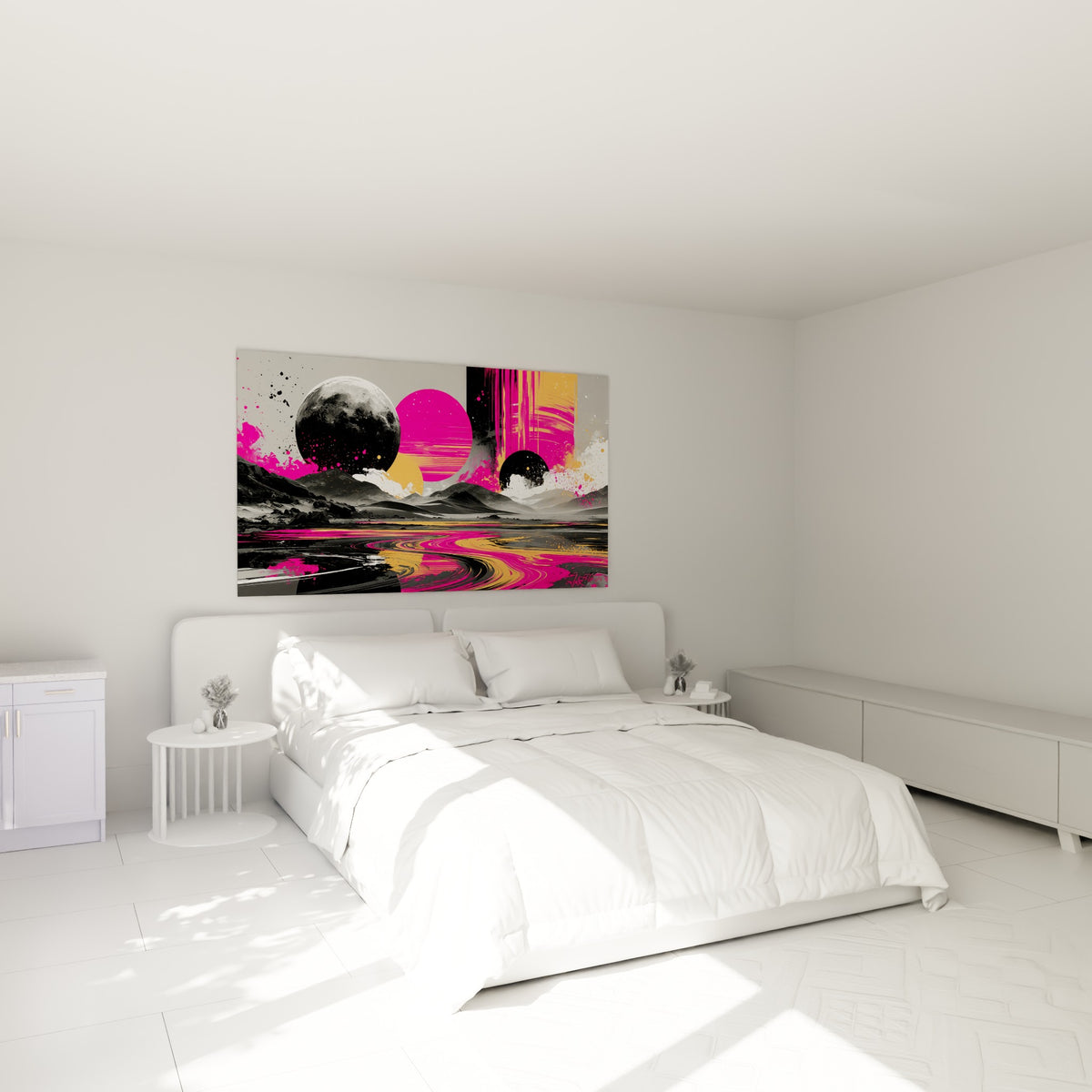 Sphères fuchsia et dorées survolant des montagnes anthracite, accrochées au-dessus d'un lit dans une chambre claire