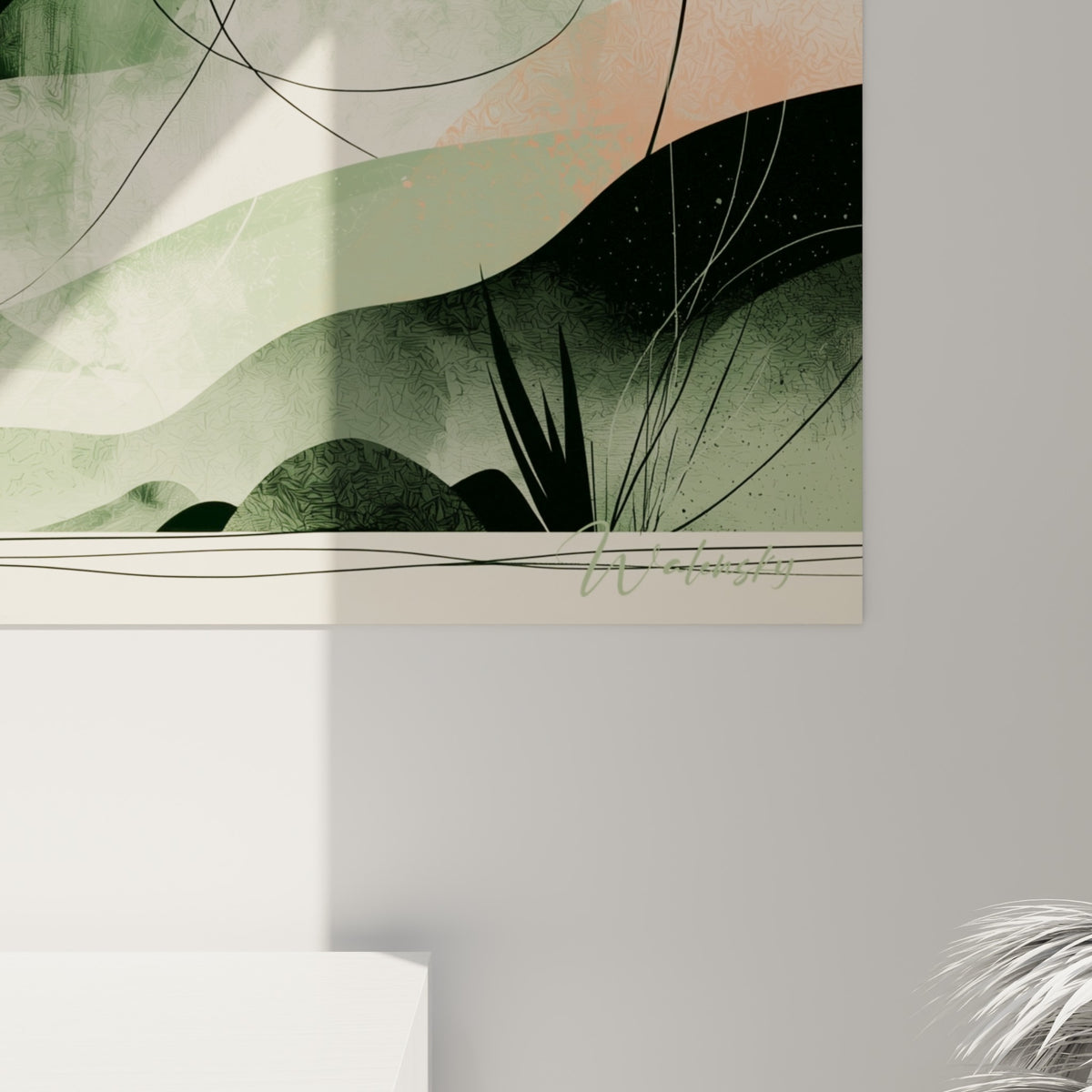 Grain texturé et touches d'orange sur les courbes vert sauge d'un tableau Planète en gros plan