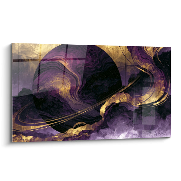 Tableau Planète violette aux anneaux dorés - Traversée céleste - Edition Planète